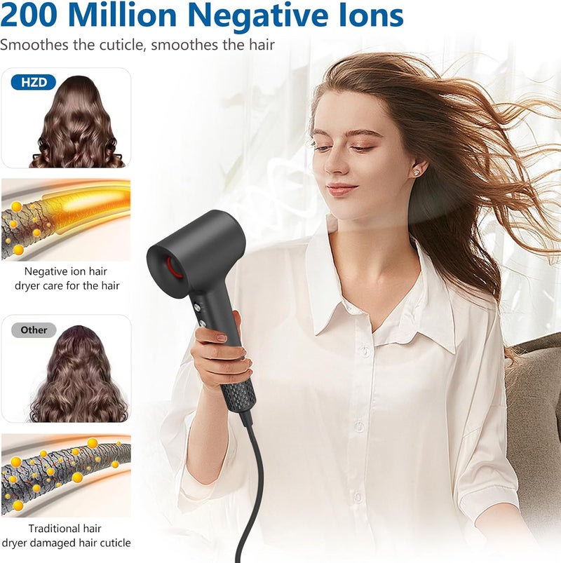 HZD Hair Dryer, Ionic Blow Dryer, 1500W High-Speed Hairdryer with 110000 RPM Brushless Motor for Fast Drying Low Noise, 4 Temps & 2 Speeds with Magnetic Nozzle - Image 2